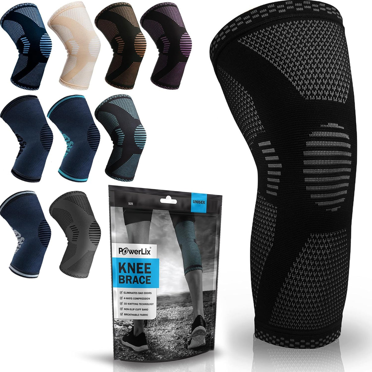 POWERLIX Knee Compression Sleeve - Ultimate Knee Support for Running & Sports | Black, Large
