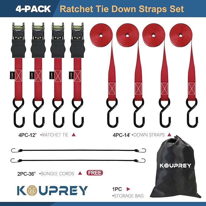 Ratchet Straps,Boat Tie Down Straps to Trailer, Motorcycle Straps,Kayak Tie Downs, 4-PK 1" x 15ft, 1800 LB Break Strength Safety S-Hook & 2 Bungees, Rubber Coated Handle Red