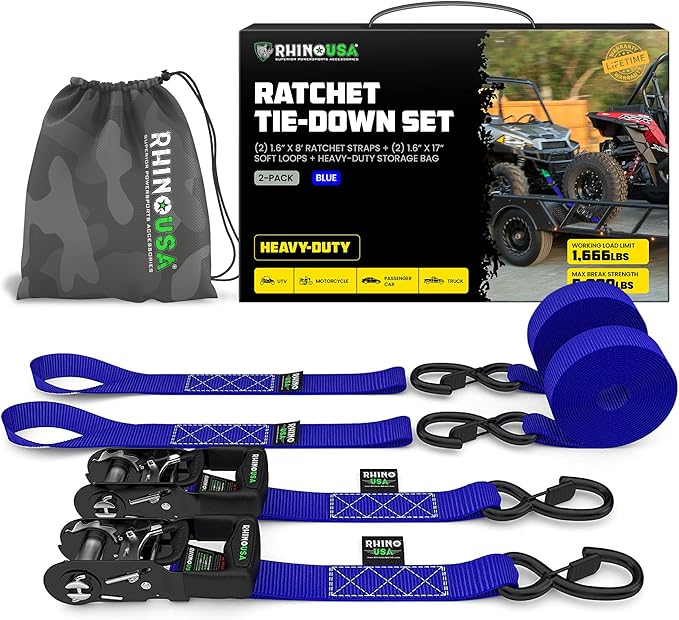 Rhino USA Ratchet Straps Heavy Duty Kit (2-Pack) - 1.6 Inch x 8 Feet Min Break Strength (5,000) - Ultimate Tie Down Straps with Safety S Hooks for Trucks, ATV, UTV, Motorcycle, Cargo & More - Blue
