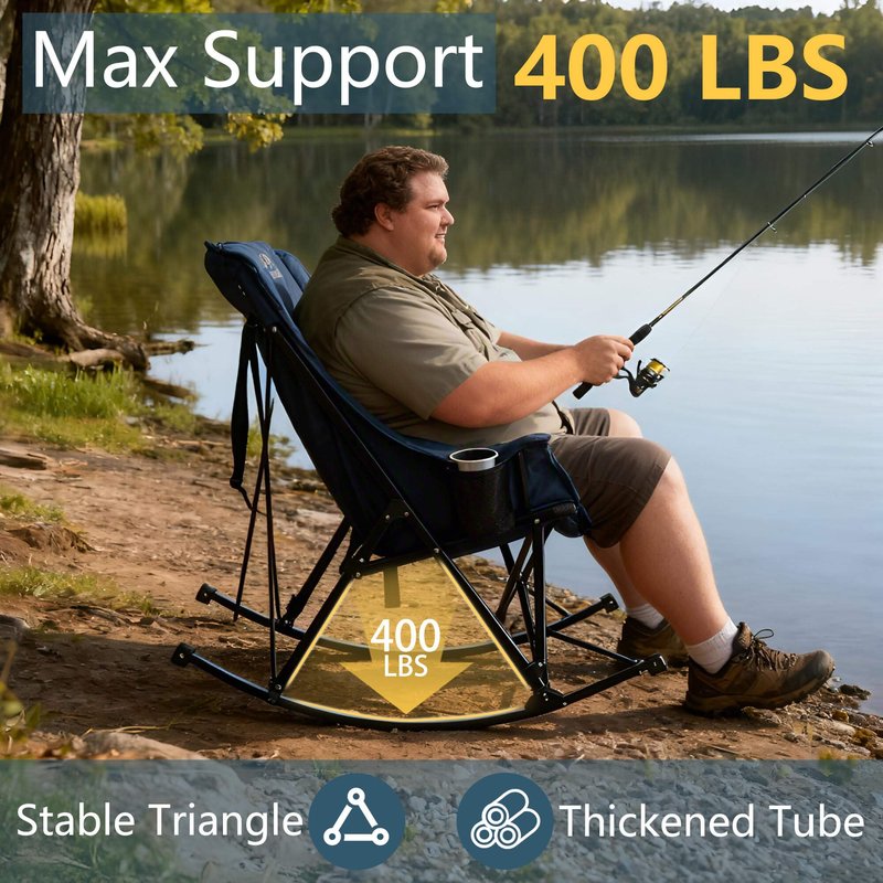 RED CREAT 400lbs Rocking Camping Chair, Oversized Heavy Duty XL Folding Rocker for Adults, Padded High Back Big & Tall Support, with Cup Holders & Carry Bag for RV, Lawn, Patio & Sports