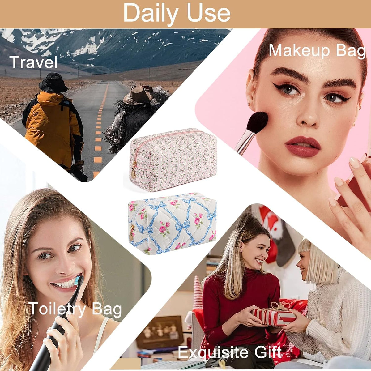 Makeup Bag Travel Cosmetic Bag for Women Girls, Zipper Make Up Pouch, Floral Flowers Toiletry Organizer Makeup, Portable Storage Bag, Cosmetic Travel Cloth Bag (Pink+Blue Bowknot)