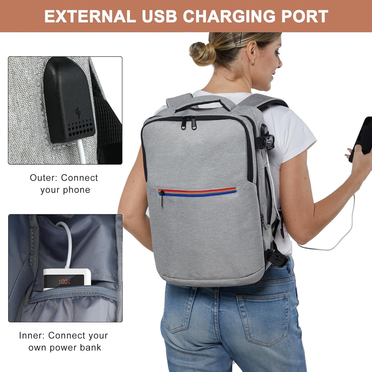 Skiennix Travel Backpack - TSA Approved Carry-On with USB Charging Port | 15.6-Inch Laptop Bag in Grey