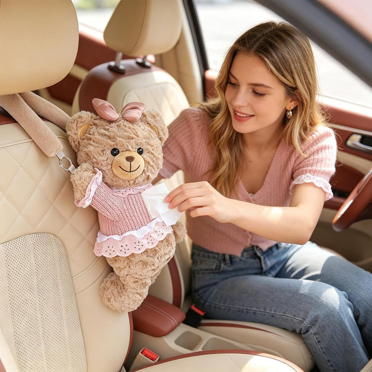 Car Tissue Holder, Plush Bear Decor, Auto Napkin Storage Box