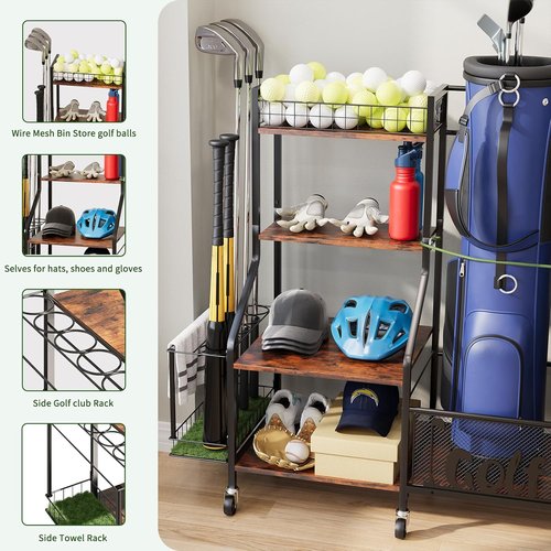 HavenlyYouth Golf Bag Storage Organizer - Fits 2 Bags | 360° Swivel Wheels, Wood Shelves, Anti-Tip Straps