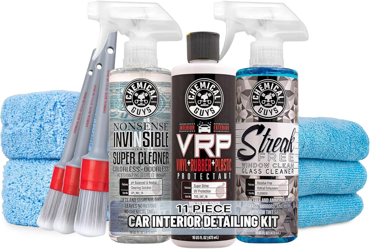 Chemical Guys 11-Piece Car Interior Detailing Kit with Microfiber Towels | With VRP protectant, Nonsense cleaner, glass cleaner, 3 detailing brushes, 3 microfiber towels, complete kit