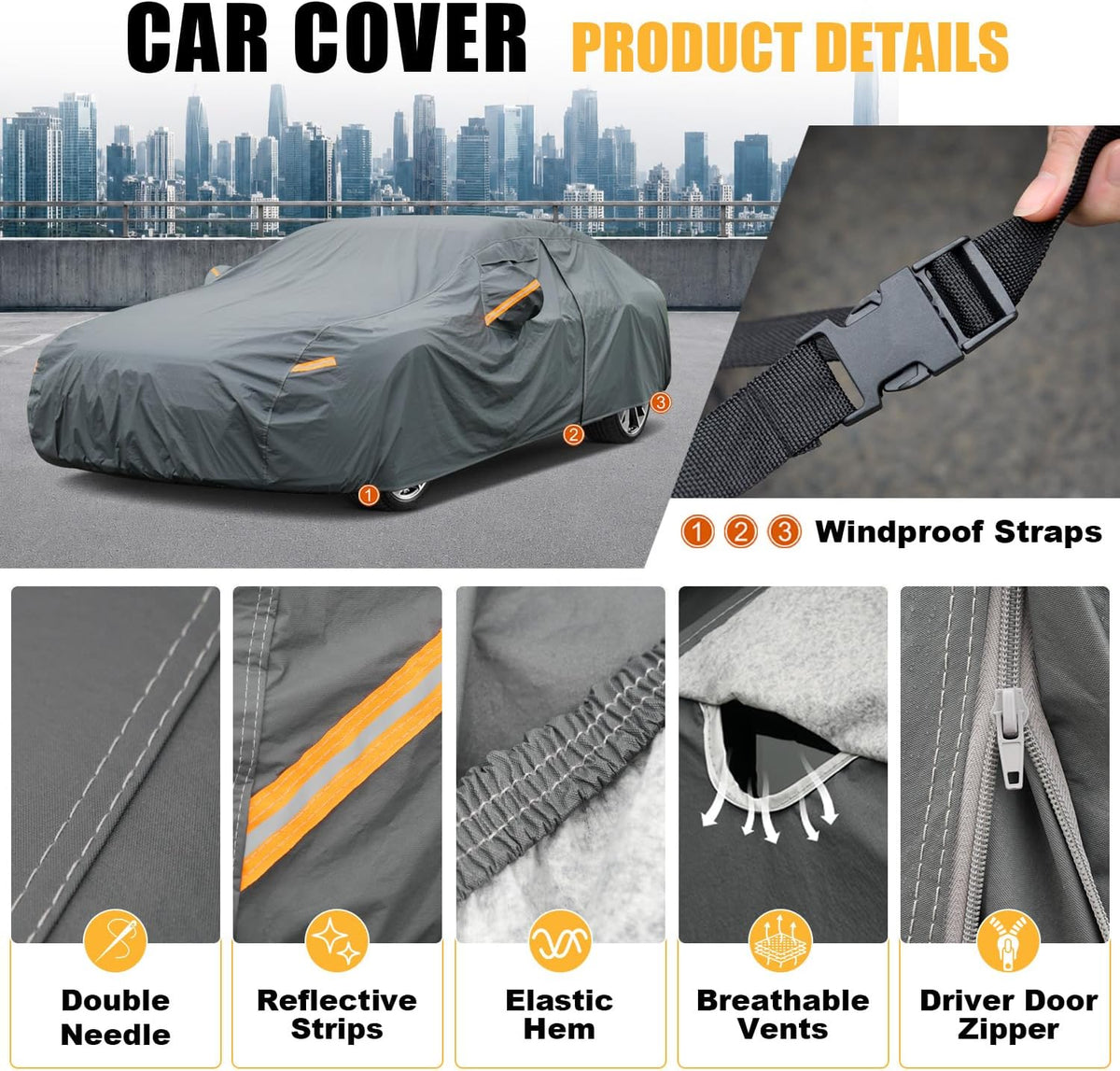 GUNHYI 16 Layers Car Cover Waterproof All Weather, Heavy Duty Outdoor Car Cover Universal Fit Sedan Toyota Avalon, Ford Taurus, Lincoln MKS/Continental, BMW 740i, Mercedes Benz S Class etc.