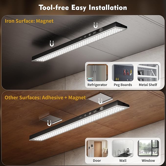 1Pack Touch Control Under Cabinet Lighting, 160LED Super Bright, 4000mAh Long-Lasting, Magnetic Rechargeable Motion Sensor Under Counter Lights for Kitchen, Closet, Remote, Dimmable, 3CC丨Black