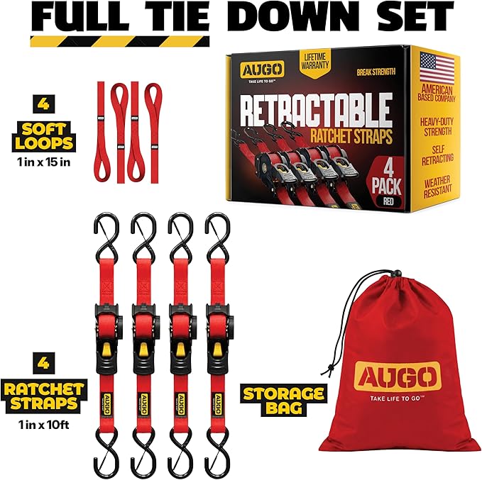AUGO Retractable Ratchet Straps | 4 Heavy Duty Ratchet Straps Self Retractable Tie Downs with Soft Loops & Storage Bag for Motorcycle, Truck, Trailer, Cargo Van | 1200 Lb Break Strength 1” x 10’