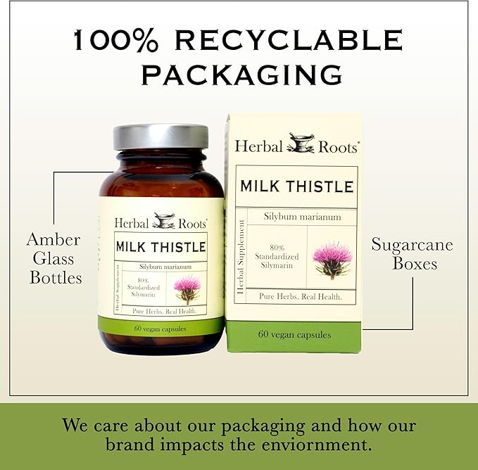 Herbal Roots Milk Thistle Capsules | Extra Strength 80% Silymarin Herbal Supplement | Made with Pure Organic Milk Thistle | Vegan and GMO Free