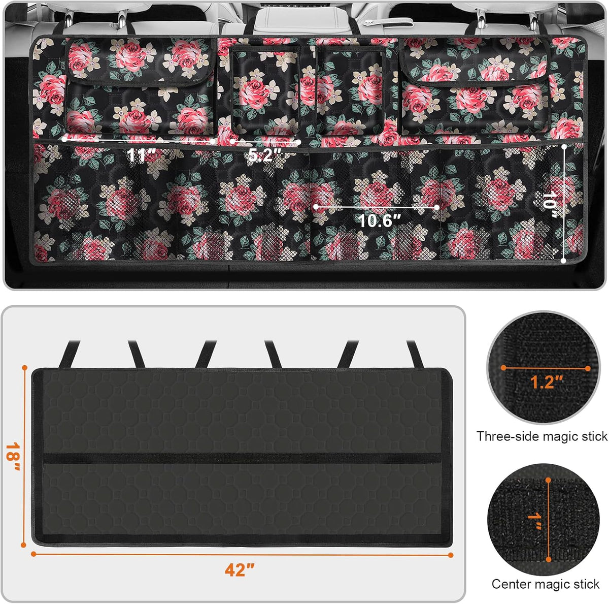 Car Trunk Organizer, Super Capacity Backseat Car Organizer for SUV/Truck/MPV(42"*18"), Hanging Car Storage Organizer with 8 Pocekts, Car Accessories for Women and Men- Floral
