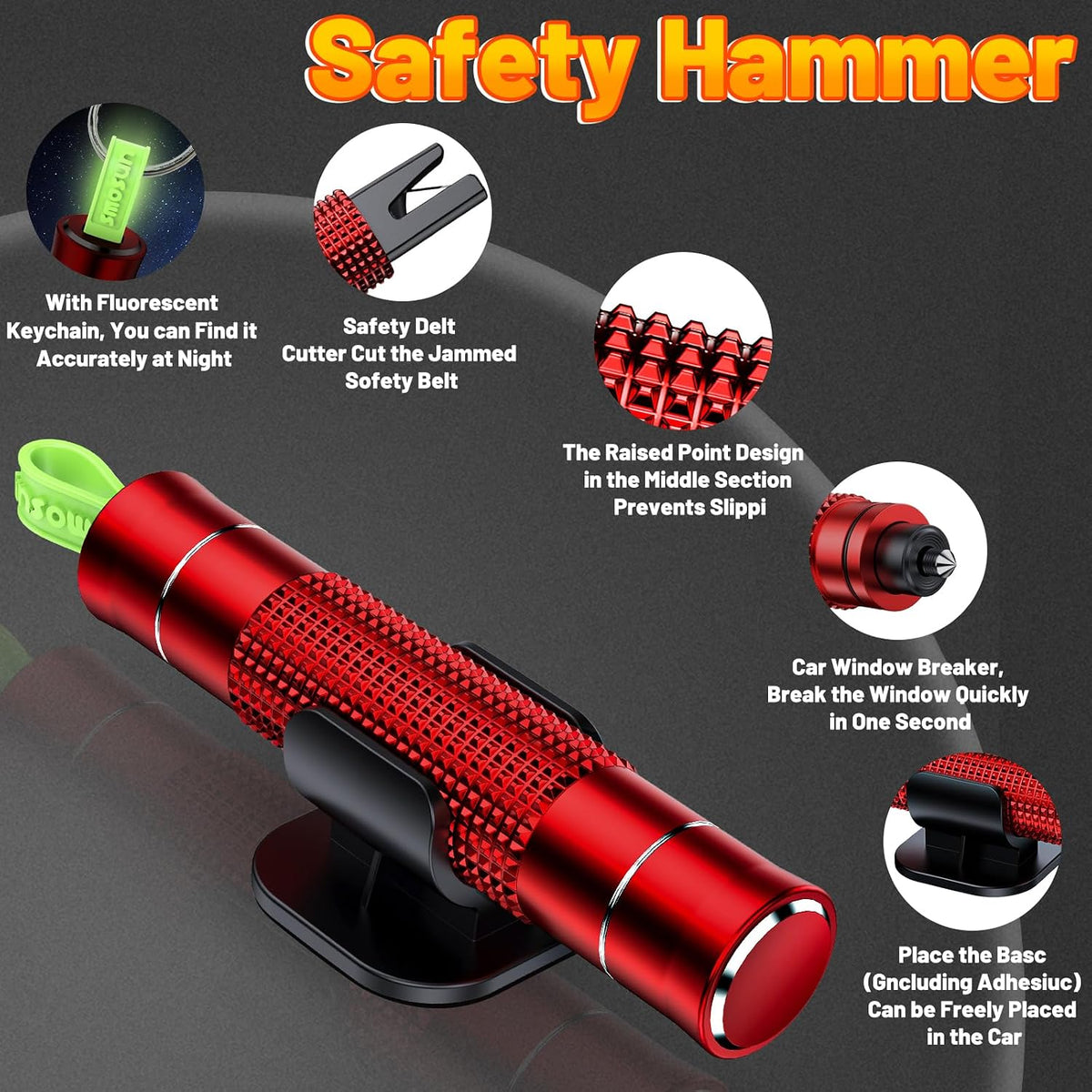 smosun Safehammer - Upgraded Safe Hammer Glass Breaker Under Water, Car Hammer Seatbelt Cutter Window Breaker Emergency Escape Tool, Safehammer Glass Breaker for New Cars (3PCS Red & Black & Silver)