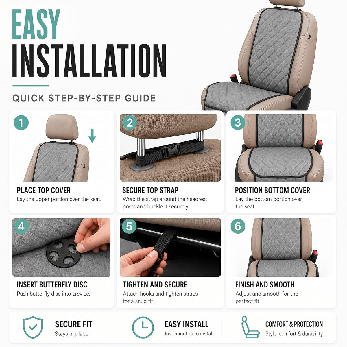 FH Group Car Seat Cushion – Neosupreme Single Front Seat Cover with Front Pockets, Airbag Compatible, Universal Fit Car Seat Cushion for Driver or Passenger Seat, SUV, Truck, Sedan & Van – Gray