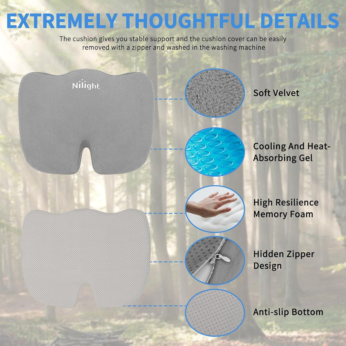 Nilight Car Seat Cushion Gray Velvet Gel Memory Foam Seats Soft and Comfortable Suitable for Daily Life and Driving Relieves Sciatica and Tailbone Pain Improves Drive Vision