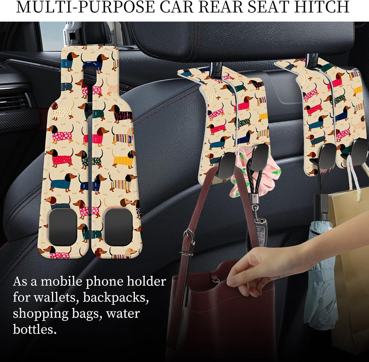 PU Leather Car Seat Hook, Storage Headrest Hanger, Cute Car Backseat Organizer, Car Hooks For Purses and Bags, Cute Dachshund