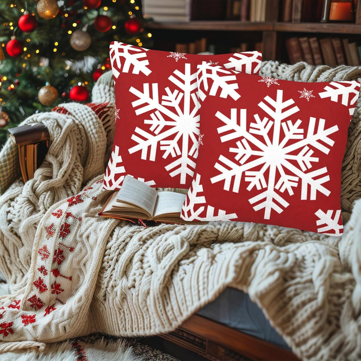 JOOCAR Christmas Pillow Cover 24x24 inch Set of 2 Beautiful Snowflakes Print Throw Pillow Cover Farmhouse Xmas Decor Winter Holiday Cushion Case for Sofa Couch