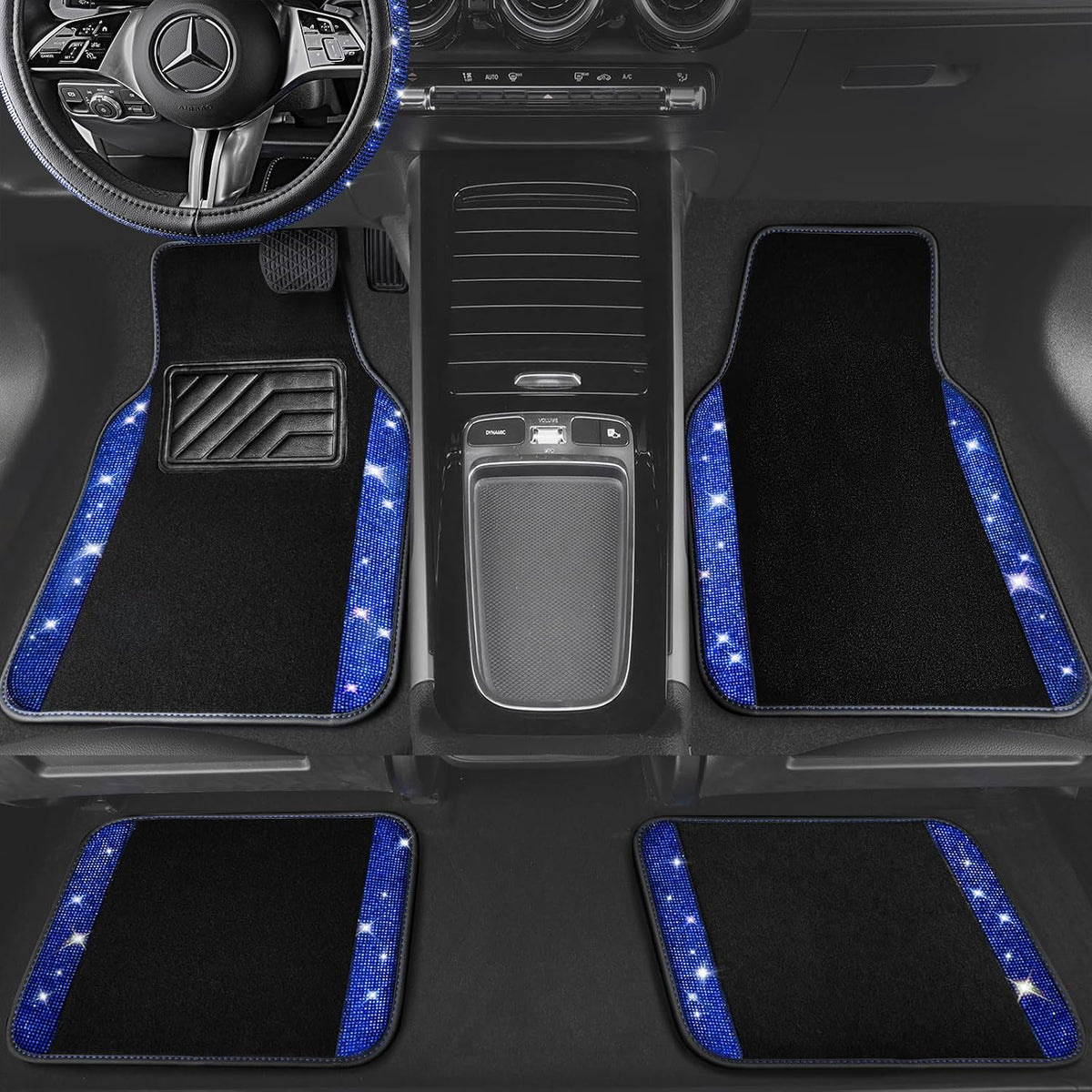CAR PASS Bling Diamond Leather Steering Wheel Cover 14.5in-15in Floor Mats Shining Rhinestone Carpet Sparkly Glitter Crystal Anti-Slip Pad Fit Automotive SUV Pickup Truck Girl Women, 5pcs Black Blue