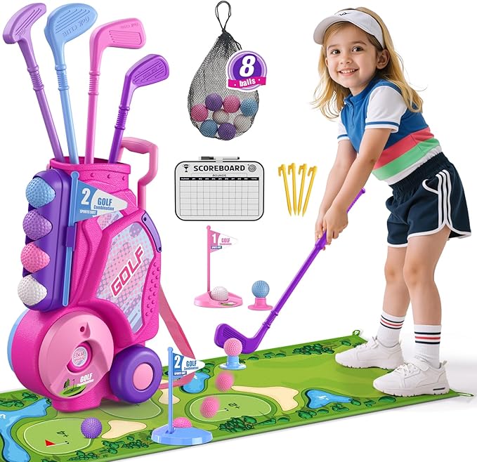 Toddler Golf Set 2-4 Years, Kids Golf Club with 8 Balls, 4 Plastic Clubs, Putting Mat, Scoreboard, Storage Bag, Indoor Outdoor Game with Golf Cart Sport Toy Gift for Baby Boys Girls Age 3-5, Pink