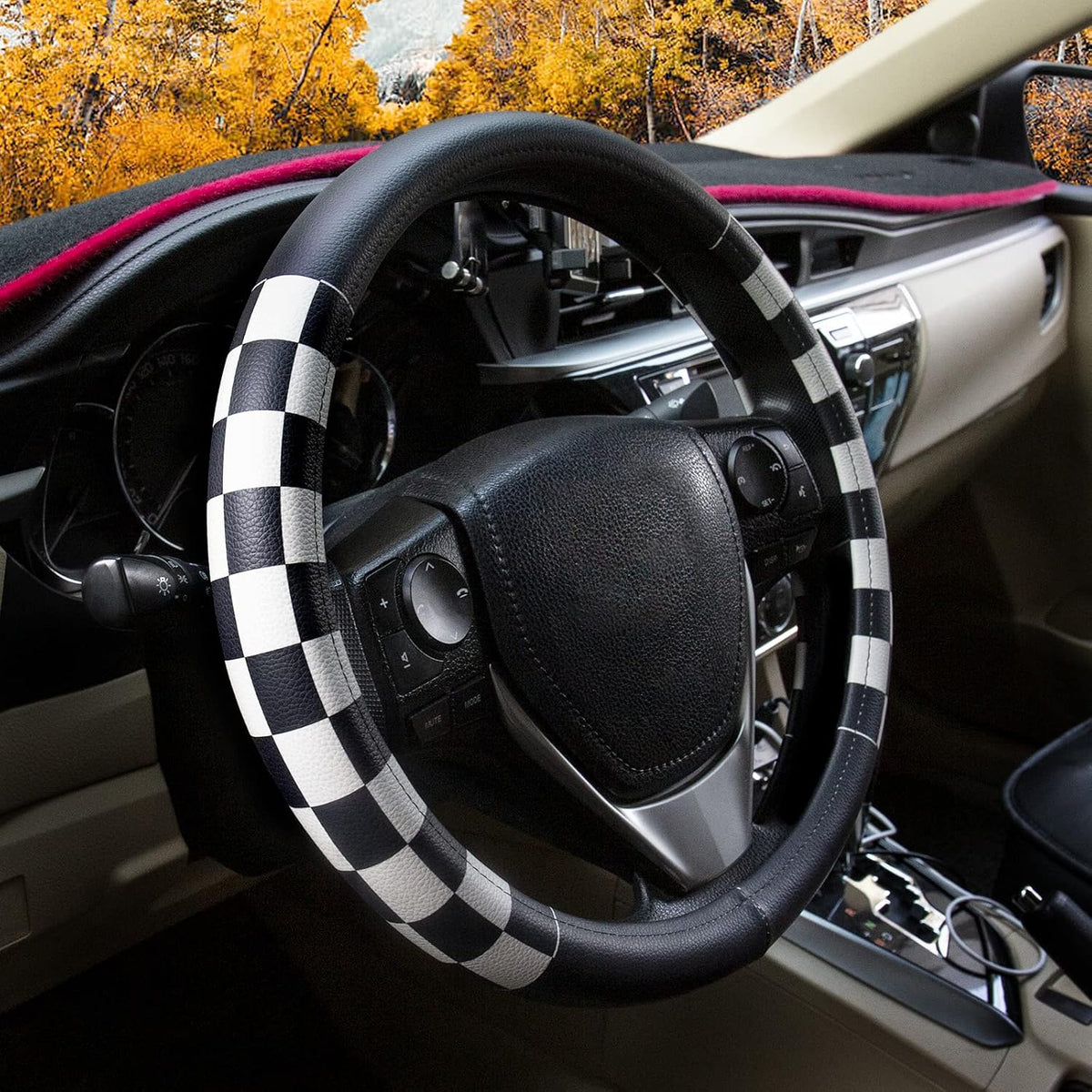 Evankin Lattice Leather Steering Checker Wheel Cover, Black and White