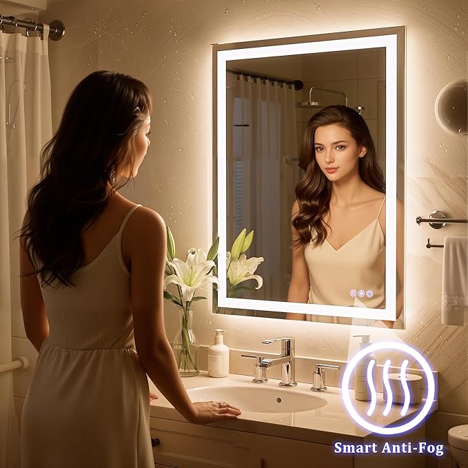 40"x 32" LED Bathroom Mirror with Lights – Backlit & Front Lit Lighted Vanity Mirror for Wall with Dimmable Lights 3 Colors – Adjustable Brightness, Anti-Fog, Shatterproof Tempered Glass