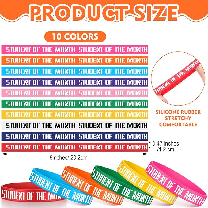 100 Pcs Student of The Month Silicone Wristbands 10 Assorted Color Reward