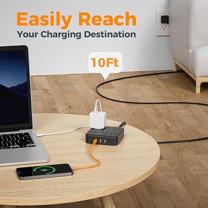 TESSAN Surge Protector Flat Extension Cord 10Ft, Flat Plug Power Strip with 4 Outlets 3 USB Ports (1 USB C), 900 Joules Protection, Multiple Wall Outlet Extender Suitable for Home Office Dorm, Black