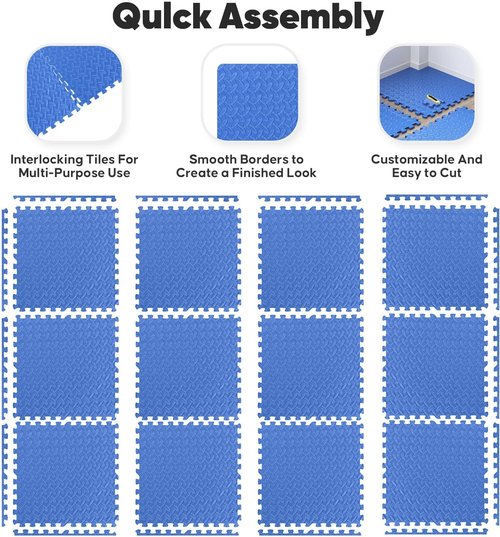 Home Gym Mat - EVA Interlocking Foam Exercise Tiles for Workouts & Play Areas | Blue, 24x24 in, 16 Tiles