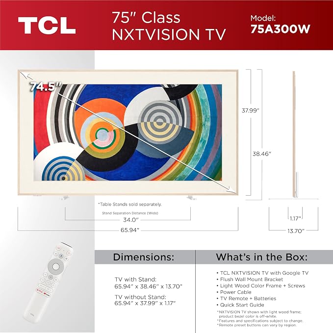 TCL 75 Inch Class NXTVISION Series Picture Frame Art TV | 75A300W, Latest Model | QLED 4K HDR Smart Google TV | 120HZ Dolby Atmos Audio | Alexa Google Apple Streaming Television | Easy Install