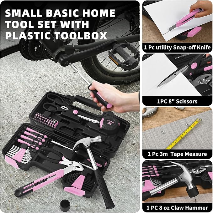 58-Piece household tool Set for home, General Household Hand Kit for home with Storage Toolbox, All Purpose Small Basic Tool kit for Women, Girls and Ladies,Pink