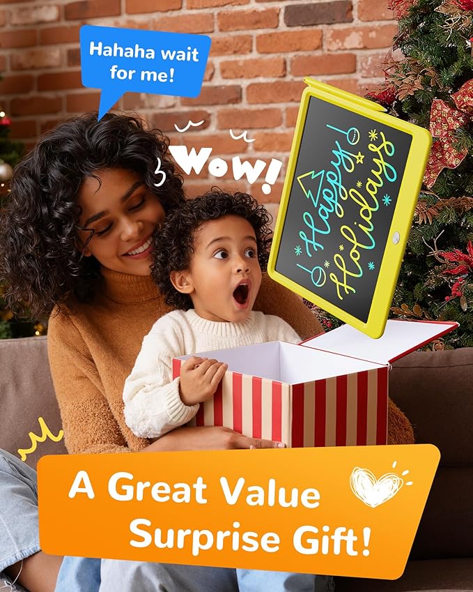 KOKODI LCD Writing Tablet, 12 Inch Colorful Toddler Doodle Board Drawing Tablet, Erasable Reusable Electronic Drawing Pads, Educational and Learning Toy for 3-6 Years Old Boy and Girls(Yellow)