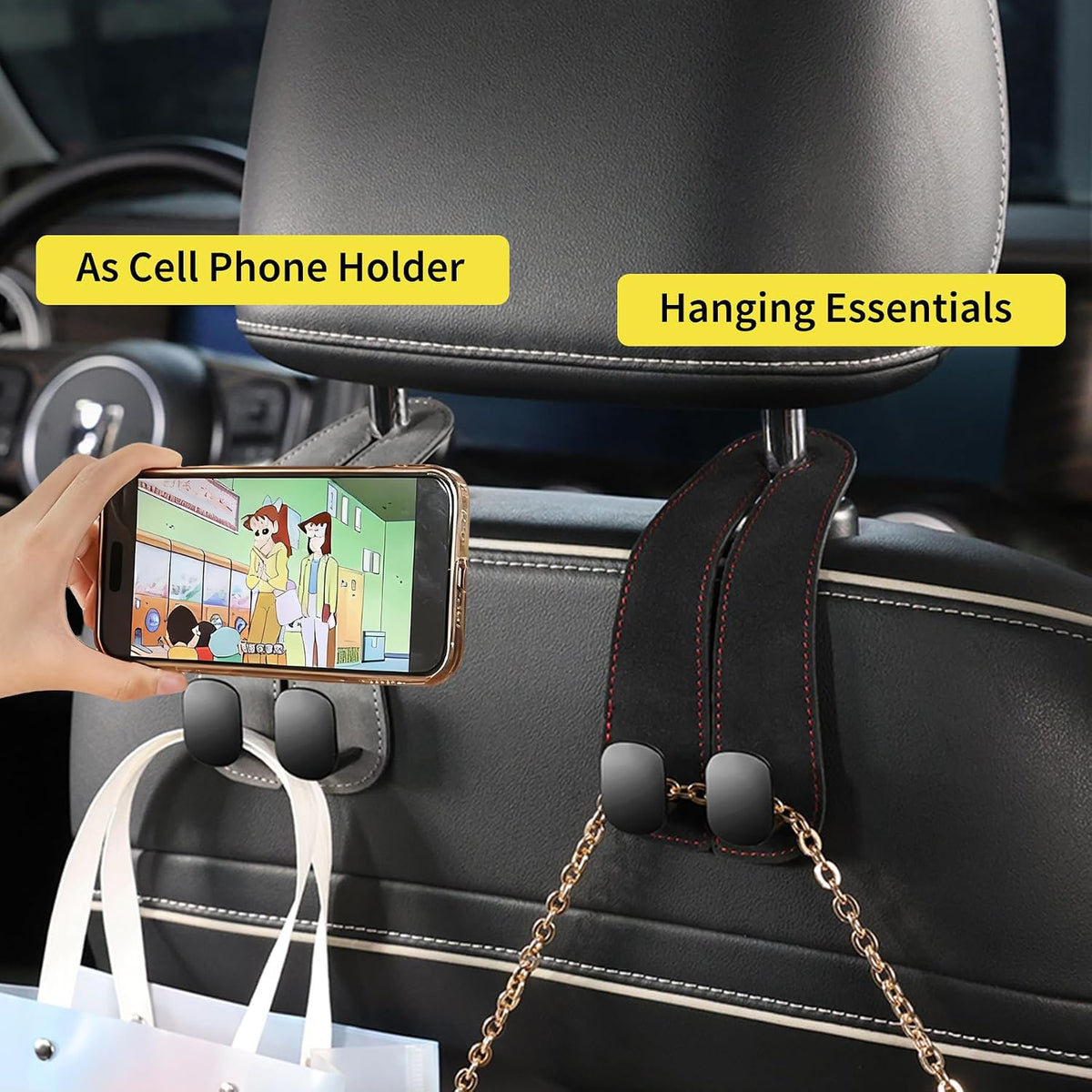 WEIHAO Purse Hook for Car Headrest, Suede Car Seat Back Storage Hook, Aluminum Twin Hooks Leather Car Headrest Hangers, Bag Holder for Sedan, Trucks, SUVs, Most Vehicles (Black-4PCS)