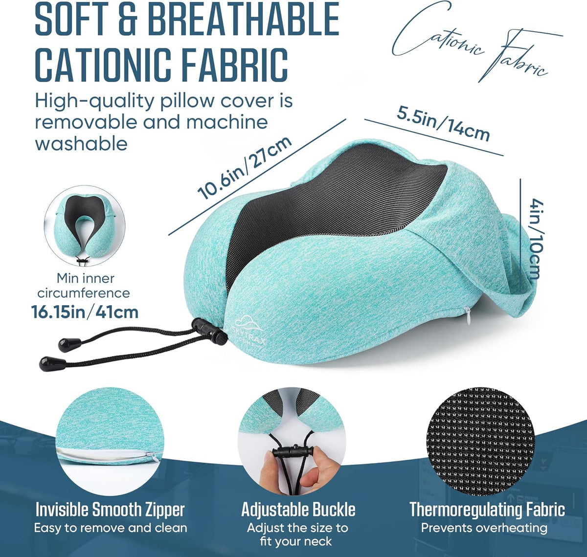 SkytraxComf® Travel Neck Pillow with Hood for Privacy on Long Flights | Memory Foam | Airplane Sleep | Safety-Tested Materials | Extra Large Hood | Chin Support | Earplugs | Washable Cover