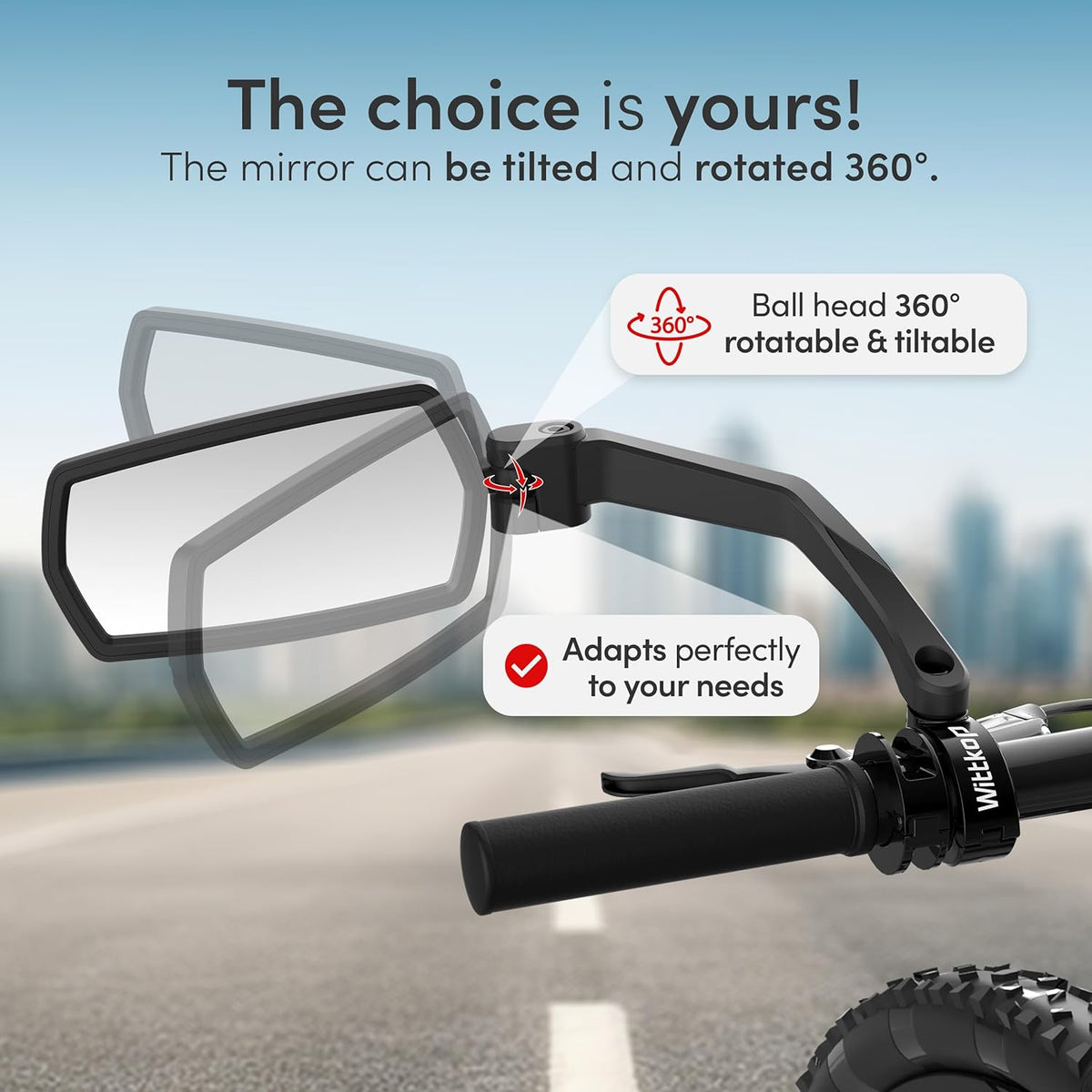 WITTKOP Bike Mirror - Large HD Field of Vision | 360° Rotatable & Foldable | Durable & Break-Proof