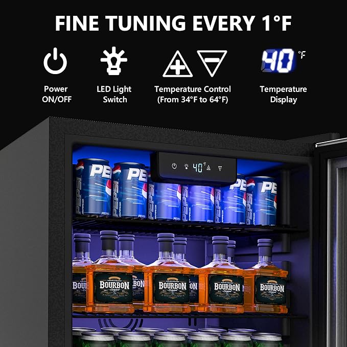 Beverage Refrigerator and Cooler, 126 Can Mini fridge with Glass Door, Beverage Cooler with Digital Temperature Display & Adjustable Shelves for Soda Beer or Wine, NEW Black, 3.2Cu.ft