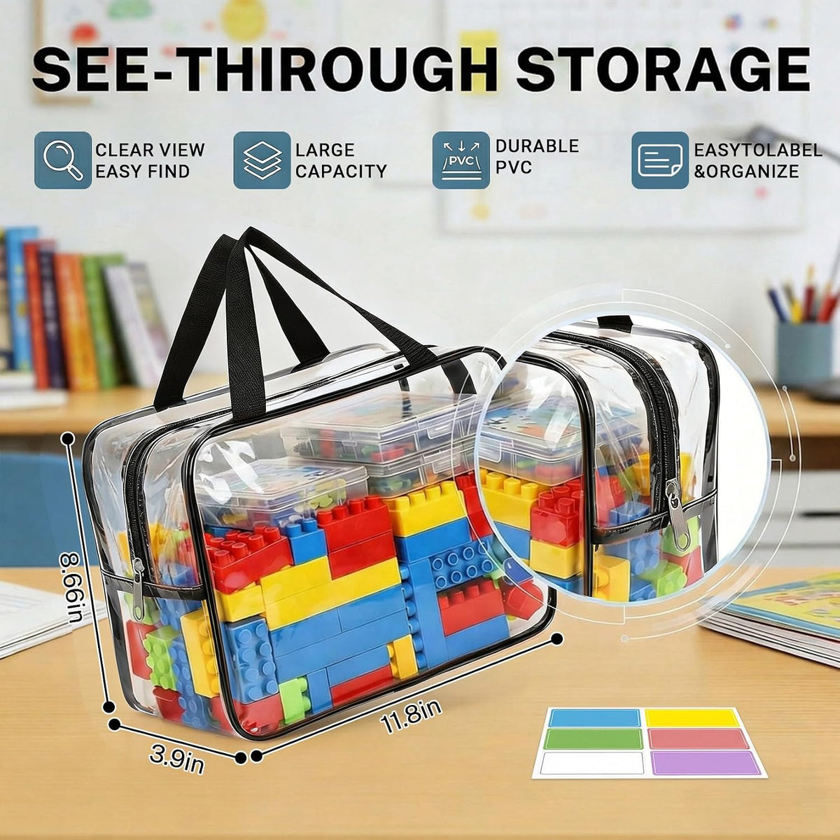 6 Packs Large Toy Storage Bags, Reusable Clear PVC Storage Bags with Zipper, Travel Waterproof Organizer Bags for Puzzles, Building Blocks,Board Game, Kids Books, Stationery (Black)