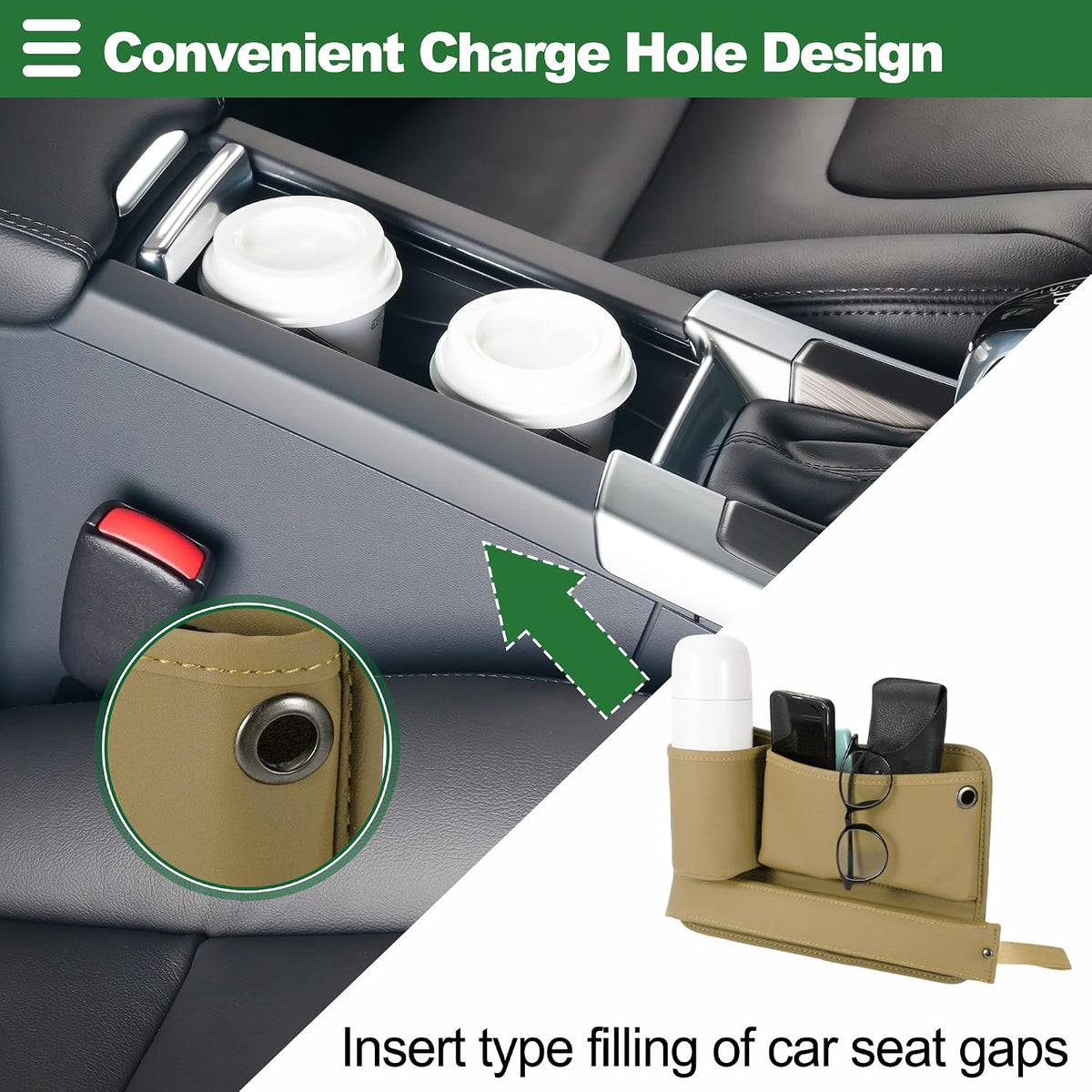 Motoforti Universal Car Seat Gap Filler Organizer Front Seat Gap Filler with Cup Holder Car Storage Accessories, Driver Side, Faux Leather, Beige
