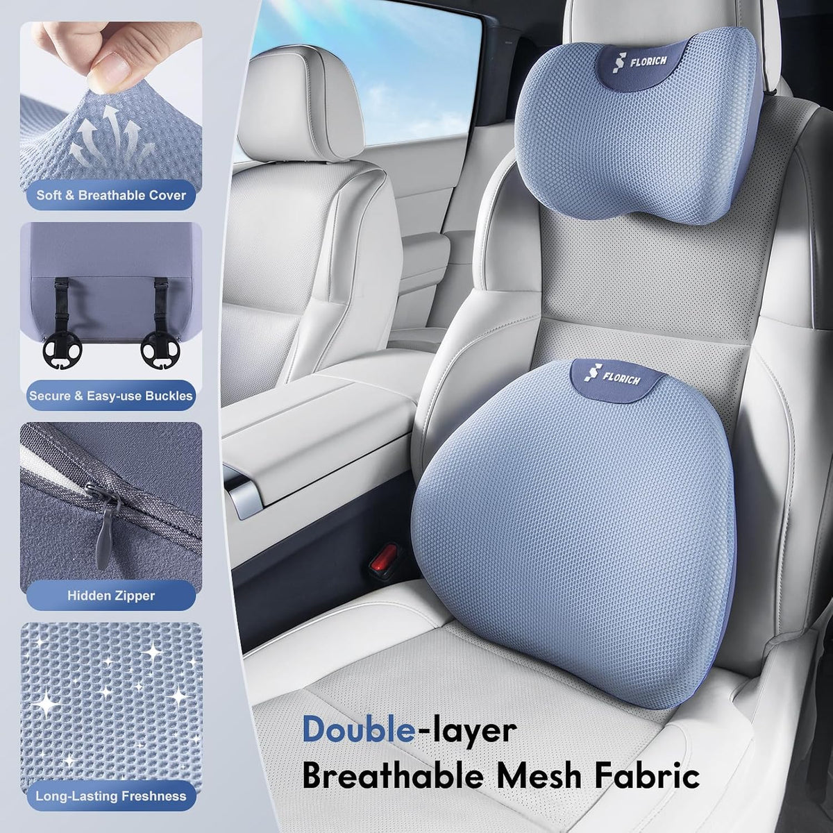 FLORICH Lumbar Support Pillow and Neck Pillow for Office Chair Car, Ergonomic Memory Foam Back Support for Office Gaming Chair Driving Seat Wheelchair, Relieves Neck, Back & Sciatica Pain – Blue