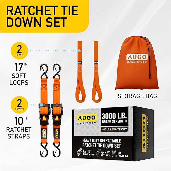 AUGO Retractable Ratchet Straps | 2 Heavy Duty Ratchet Straps Self Retractable Tie Downs with Soft Loops & Storage Bag for Motorcycle, Truck, Trailer, Cargo Van | 3000 Lb Break Strength 2” x 10’