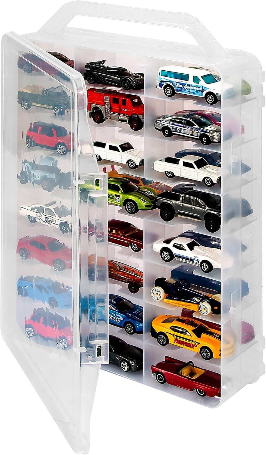 Double Sided Storage Case for 48 Toy Cars, Matchbox Cars, Portable Transparent Storage Case with 48 Compartments, Case Only (Transparent)…