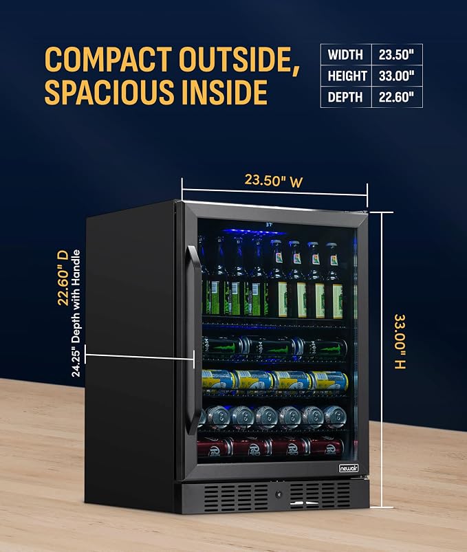 NewAir Beverage Refrigerator with Glass Door | 177 Can Mini Fridge for Bedroom, Dorm, Office, or Gaming Setup | Soda, Beer, and Wine Cooler | Black Stainless Steel
