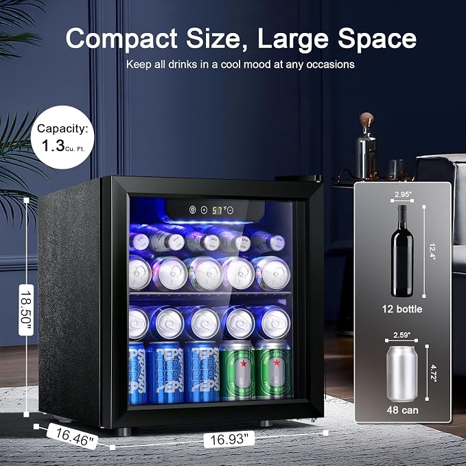 Antarctic Star 12 Bottle/48 Can Beverage Refrigerator, Wine Cooler/Cabinet, Mini Drink Fridge, Clear Front Glass Door Counter Top Red Cellar Beer Soda Bar Quiet Compressor Freestanding 1.3 cu.ft. | 12 Bottle 48 Can capacity, Low Noise Clear Glass Door,...