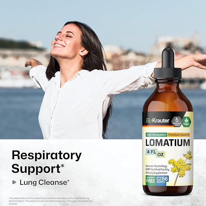 BIO KRAUTER Lomatium Tincture - Immune and Lung Support Supplement - Alcohol and Sugar Free Vegan Lomatium Root Tincture - 4 Fl.Oz.