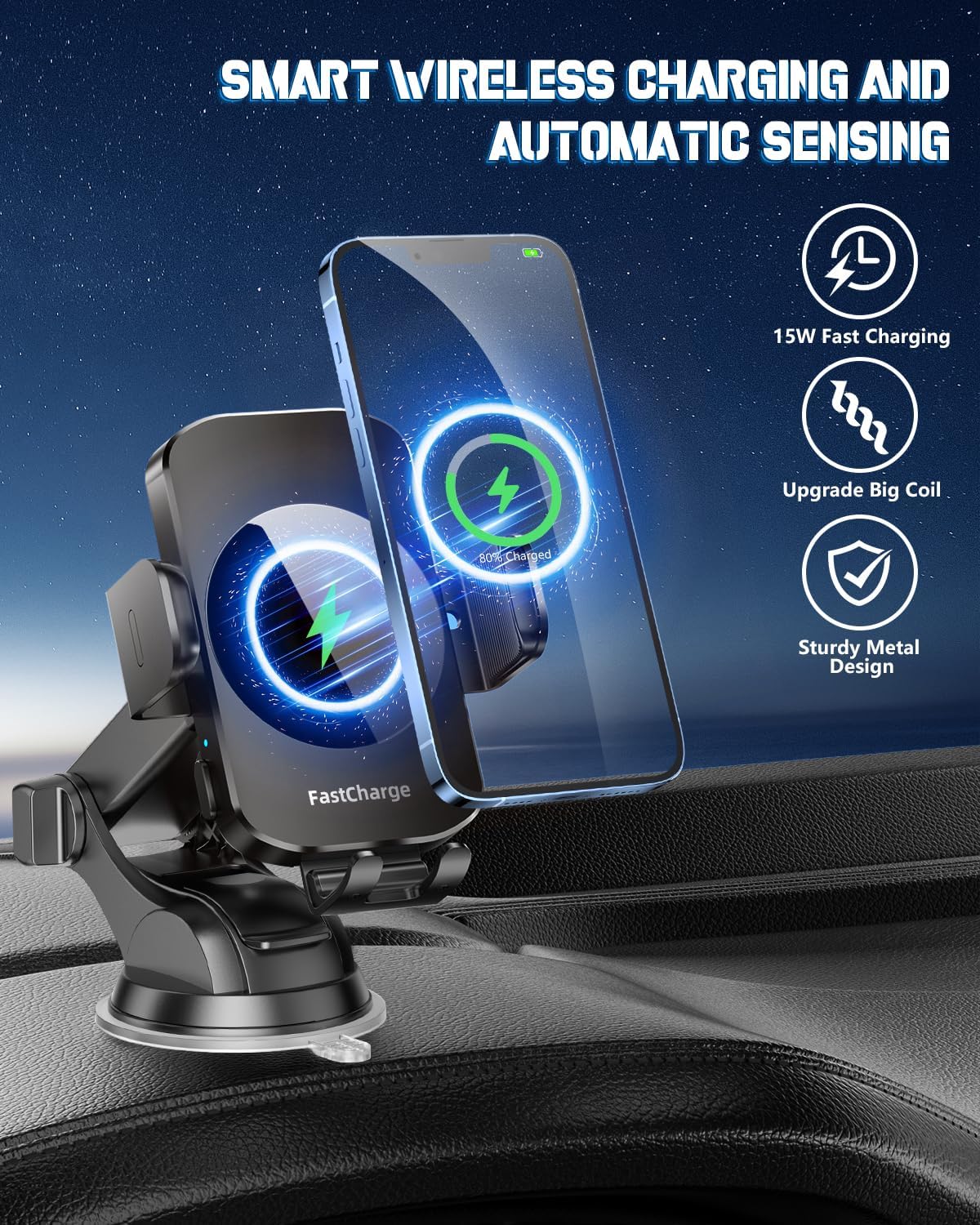 Wireless Car Charger, Fast Charging Phone Holder 3 in 1 Phone Mount Auto Clamping Car Accessories Compatible with iPhone 16 15 14 13 12 11 Xs XR, Samsung S23 Ultra S22 S21 S20/S10+ S9(Midnight Black)
