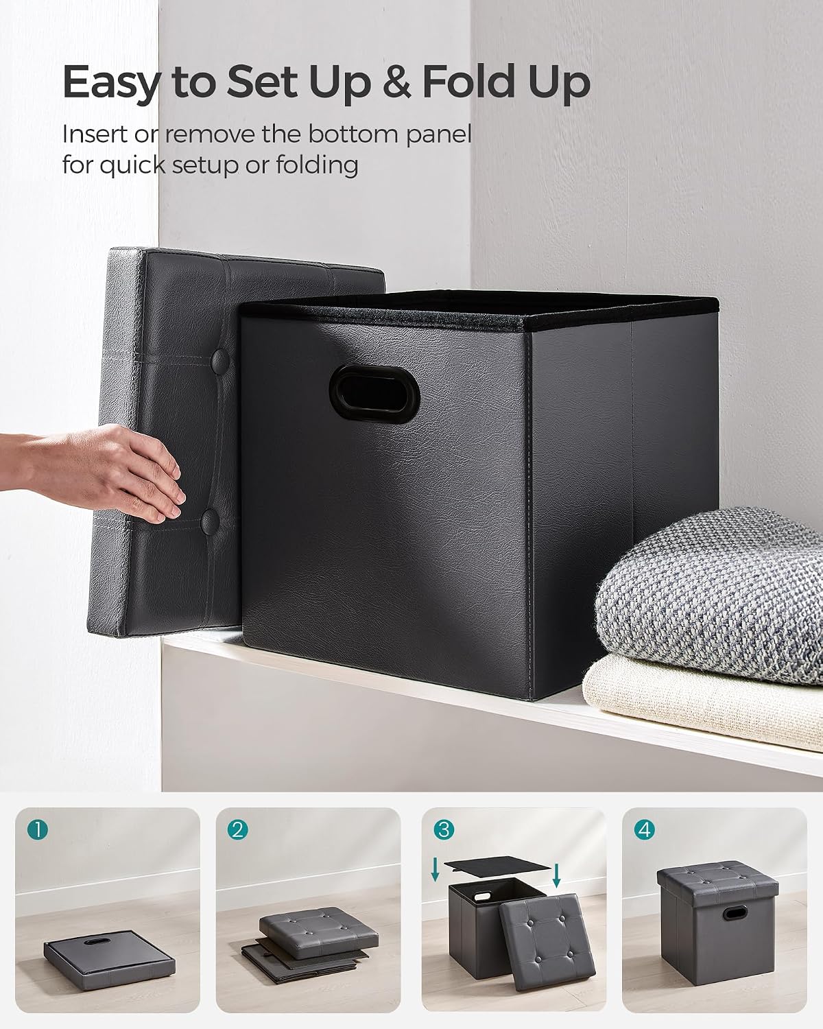 SONGMICS 15 Inches Folding Storage Ottoman, Cube Footrest