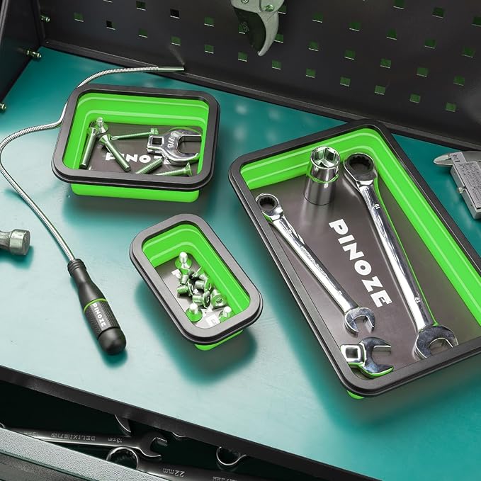 Collapsible Magnetic Parts Organizer Trays & 12" Flexible Magnetic Pickup Tool, 3 Different Size Magnet Tool Trays & Pick-Up Sweeper for Screw, Bolts, Nuts, Washers, Pins and Metal Parts, Green
