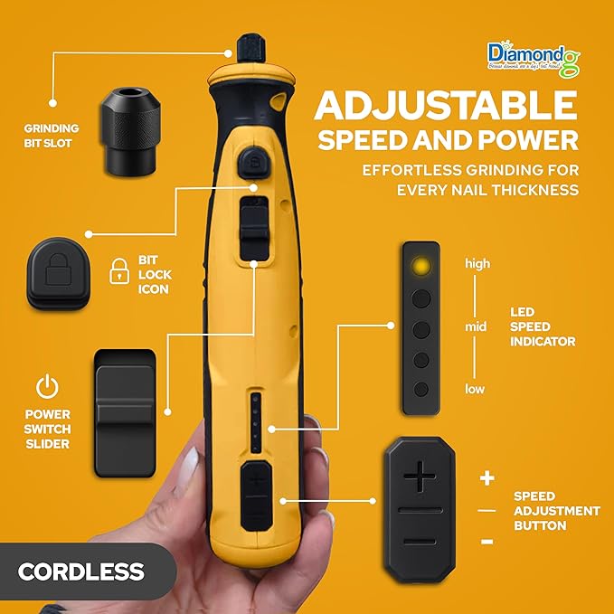 Diamondg Cordless Dog Nail Grinder with Quiet Sound & LED Tip for Large & Small Dogs, 4hrs. Runtime, 2 Bits Included, Orange
