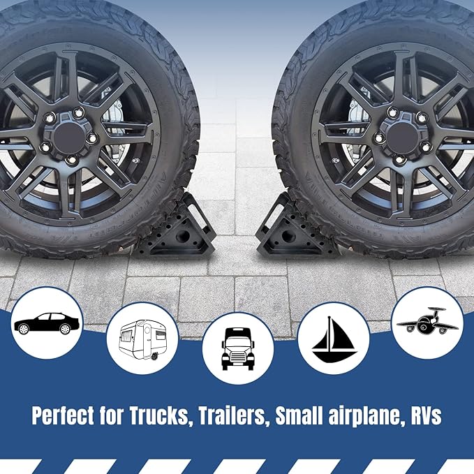 HOXWELL Solid Heavy Duty Rubber Wheel Chocks 4 Packs, Premium Wheel Stopper for Car, Travel Trailers, RV, Truck, and ATV(4 pcs, Black) 8" x 4" x 6"