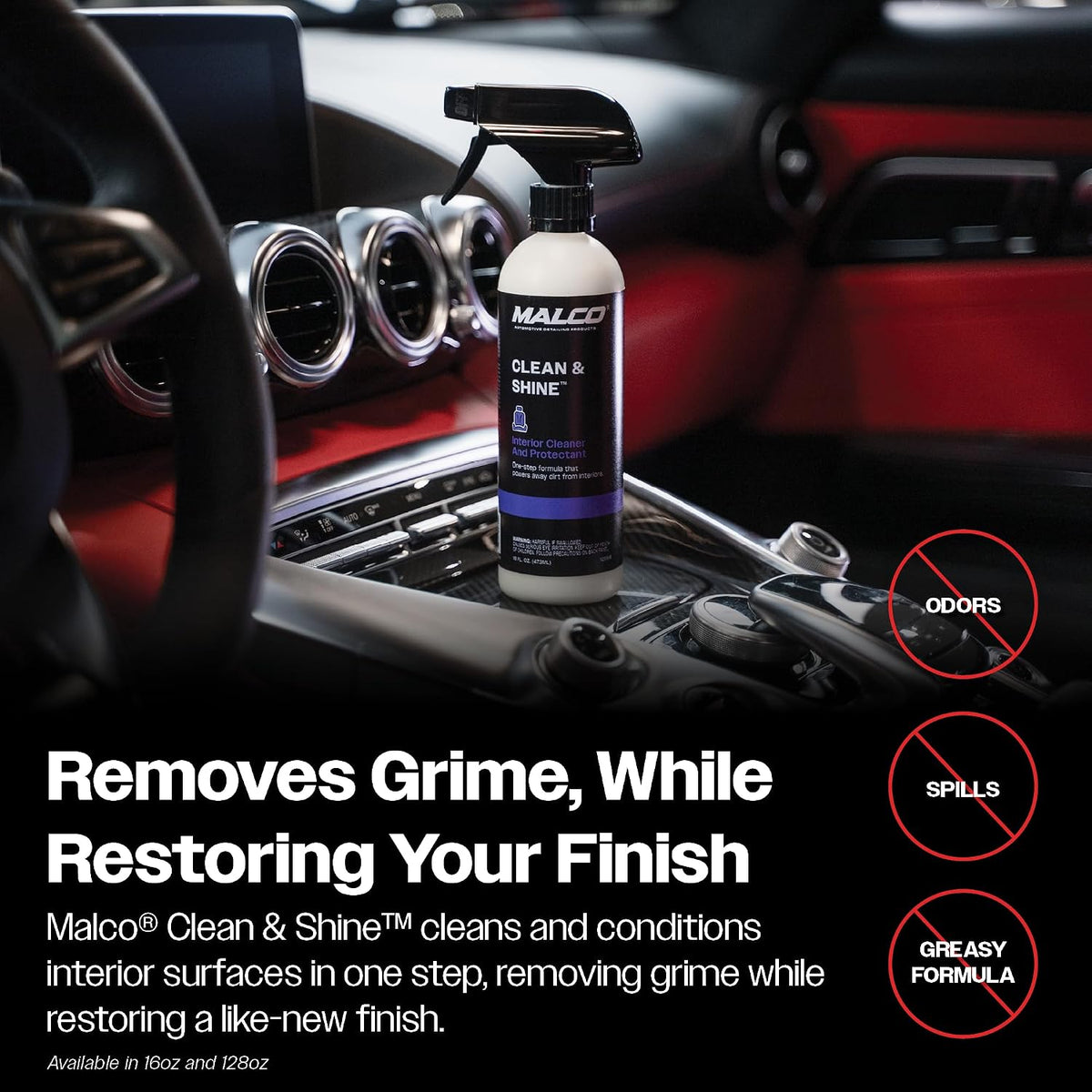 Malco Clean and Shine Interior Car Cleaner and Dressing - Best Interior Car Care to Restore Leather Plastic and Vinyl / 1 Simple Step To Clean, Condition, and Protect/Non-Glare Satin Finish (125901)