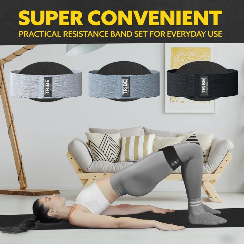 Tribe Lifting Resistance Bands for Working Out - 3 Pack Fabric Workout Bands for Women and Men - Booty Bands for Legs and Glute - Non Slip Exercise Bands Set for Squat Hip Thigh (Gray)