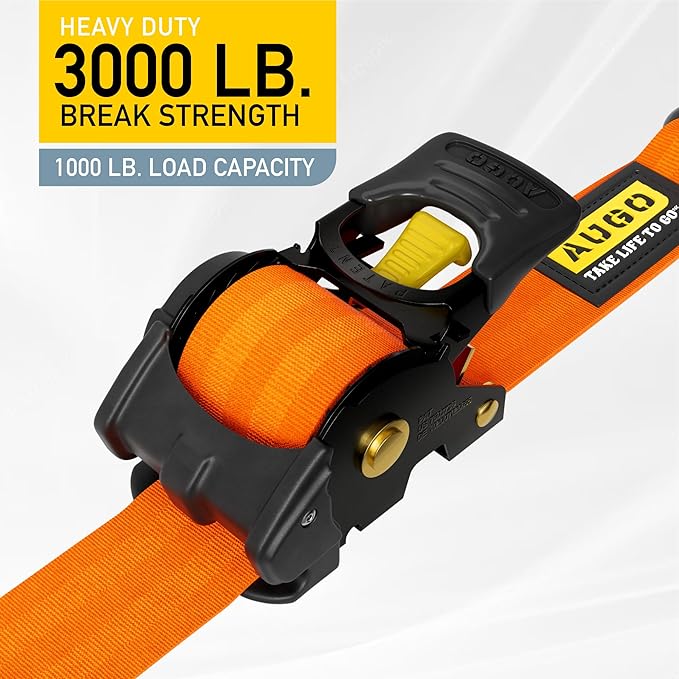 AUGO Retractable Ratchet Straps | 2 Heavy Duty Ratchet Straps Self Retractable Tie Downs with Soft Loops & Storage Bag for Motorcycle, Truck, Trailer, Cargo Van | 3000 Lb Break Strength 2” x 10’