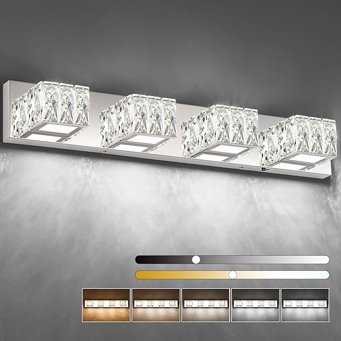 ZUZITO Modern Bathroom Light Fixtures - Crystal 4 Light Bathroom Vanity Light 5CCT Dimmable - LED Chrome Vanity Lighting Fixture